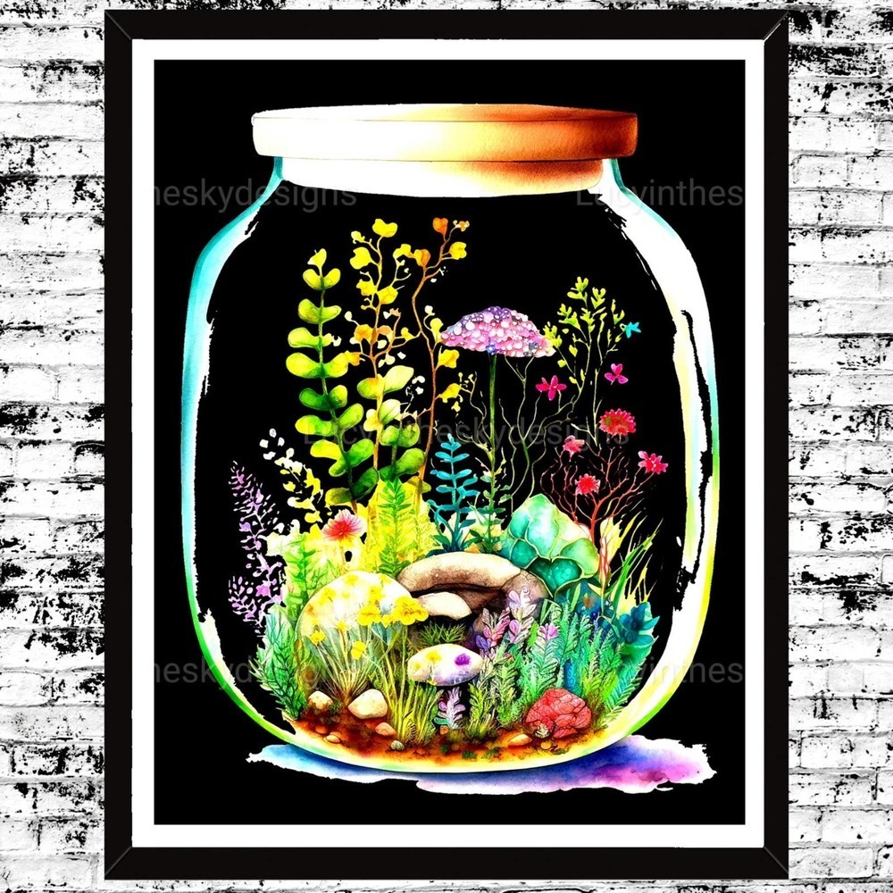 Bright Mushroom Terrarium in Black & Neon Botanical Garden Art Print 8.5x11